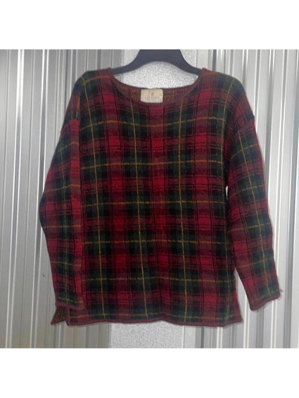 Vintage Express Wool Blend Red Window Buffalo Check Plaid Sweater Boxy
